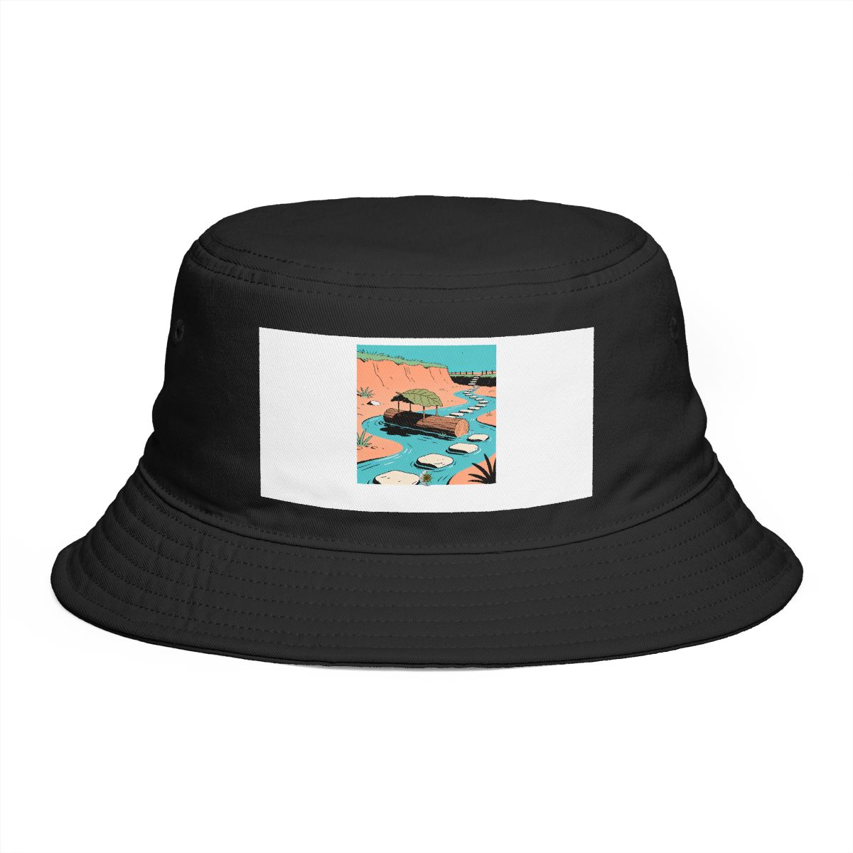 HD Log with a leaf roof connected to a distant bank by stepping stones Bucket Hat