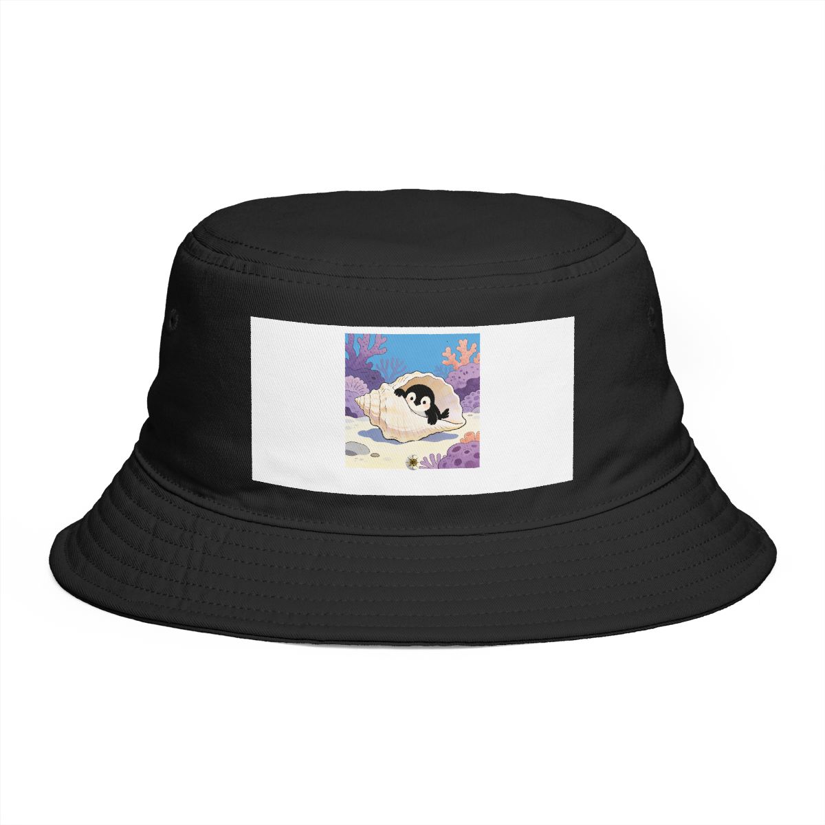 HD Little penguin peeking from behind an oversized shell Bucket Hat