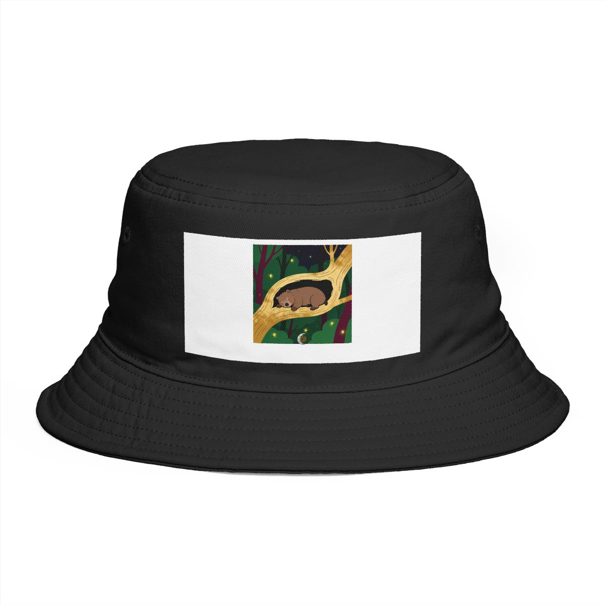 HD Wombat napping inside a curved hollow branch Bucket Hat