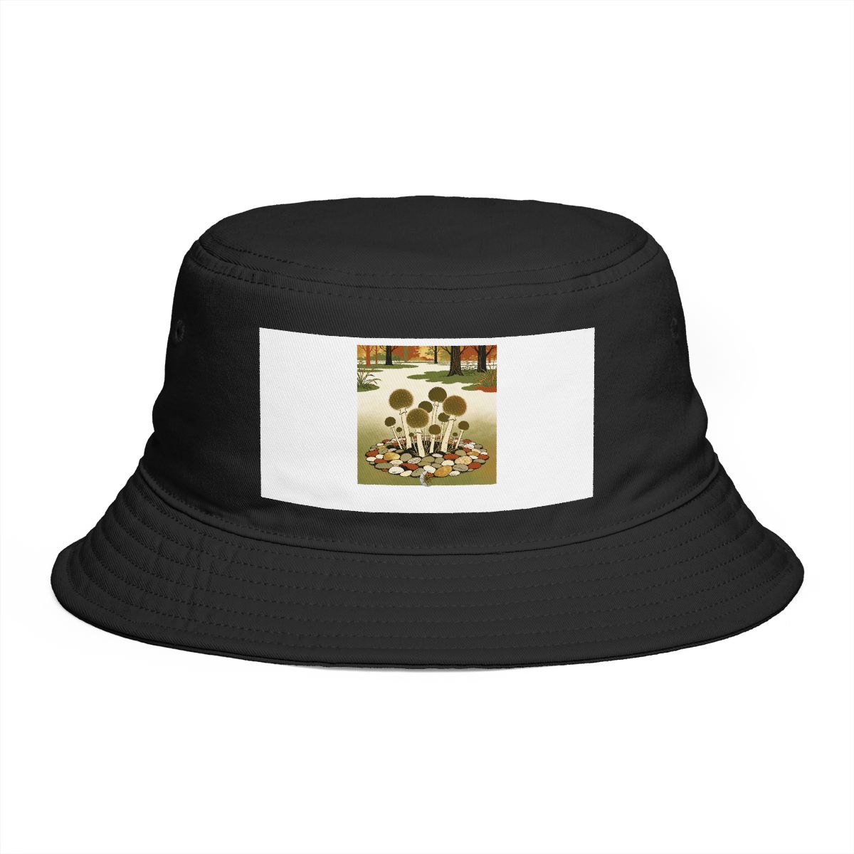 HD Puffballs rising from an island of smooth pebbles Bucket Hat