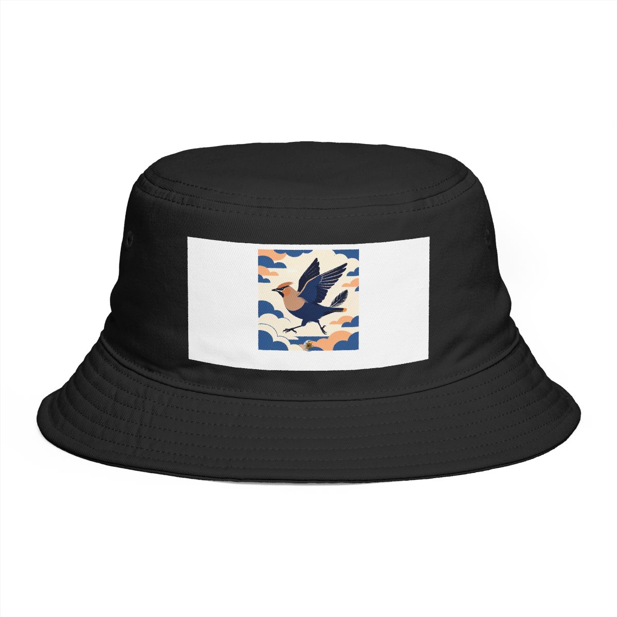 HD Waxwing crossing the scene with one wing lifted Bucket Hat