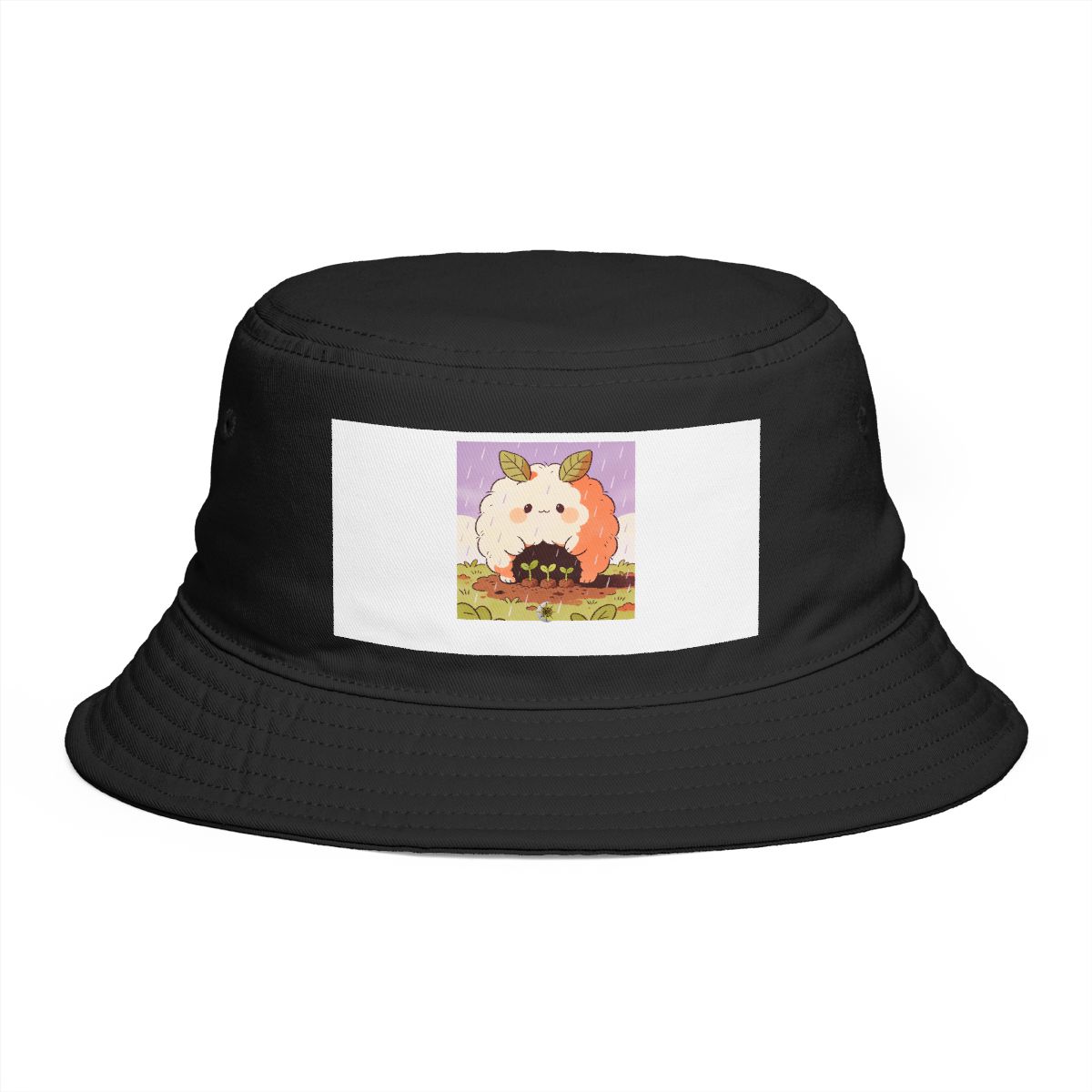 HD Puffball creature with leaf ears sheltering three little sprouts Bucket Hat