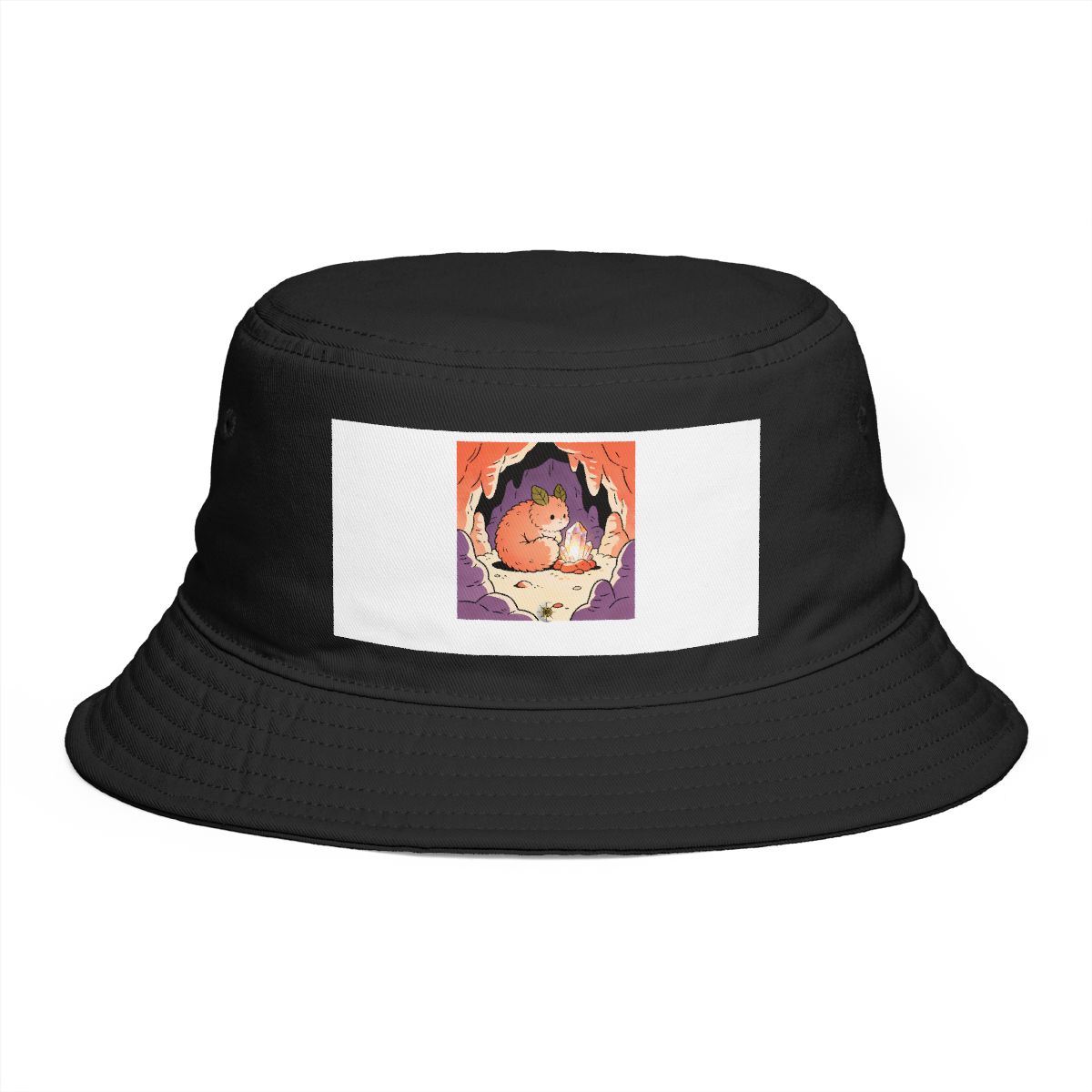 HD Puffball creature with leaf ears curled beside a glowing mineral Bucket Hat
