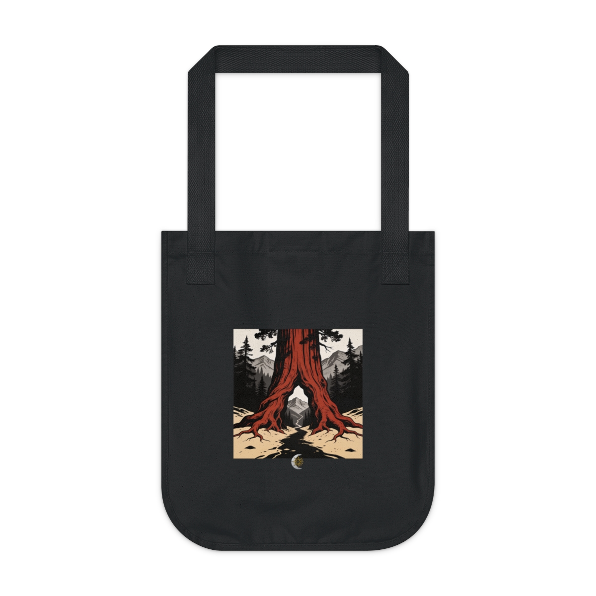 HD Redwood root flare framing a narrow distant mountain pass Organic Canvas Tote