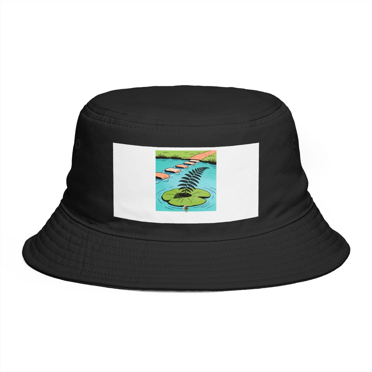 HD Fern on a lily-pad island connected to a distant bank by stepping stones Bucket Hat