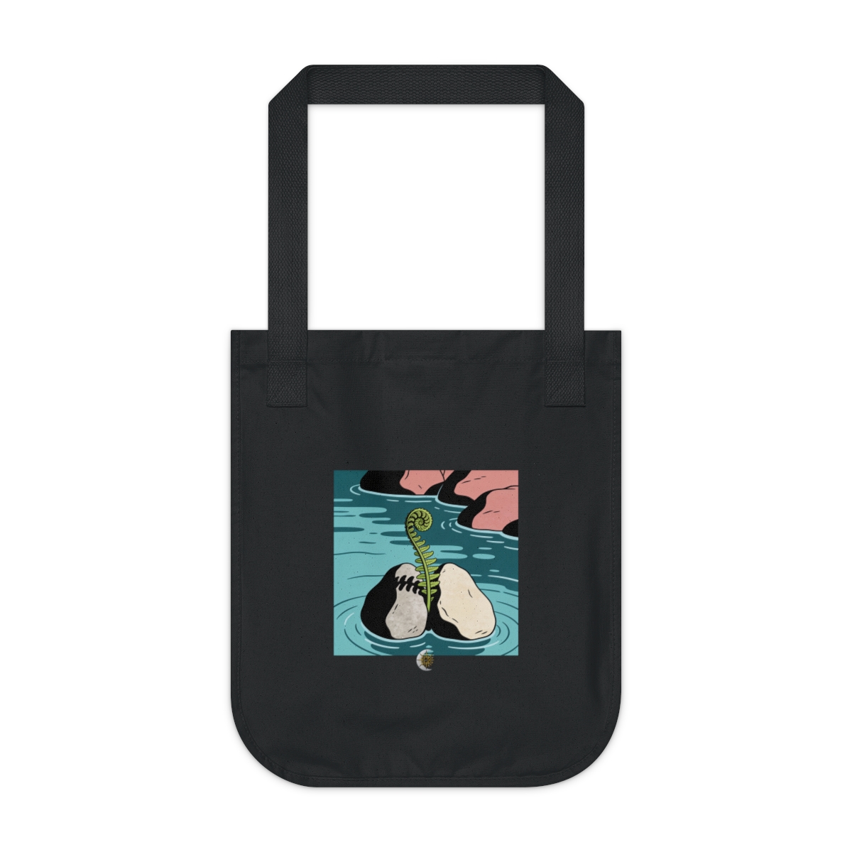 HD Unfurling fern emerging between two broad river stones Organic Canvas Tote