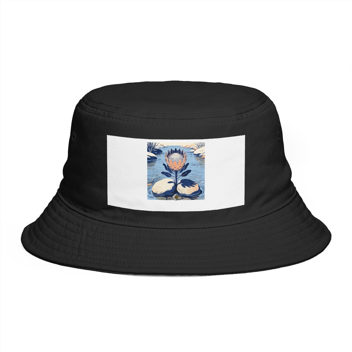 HD Protea flower emerging between two broad river stones Bucket Hat