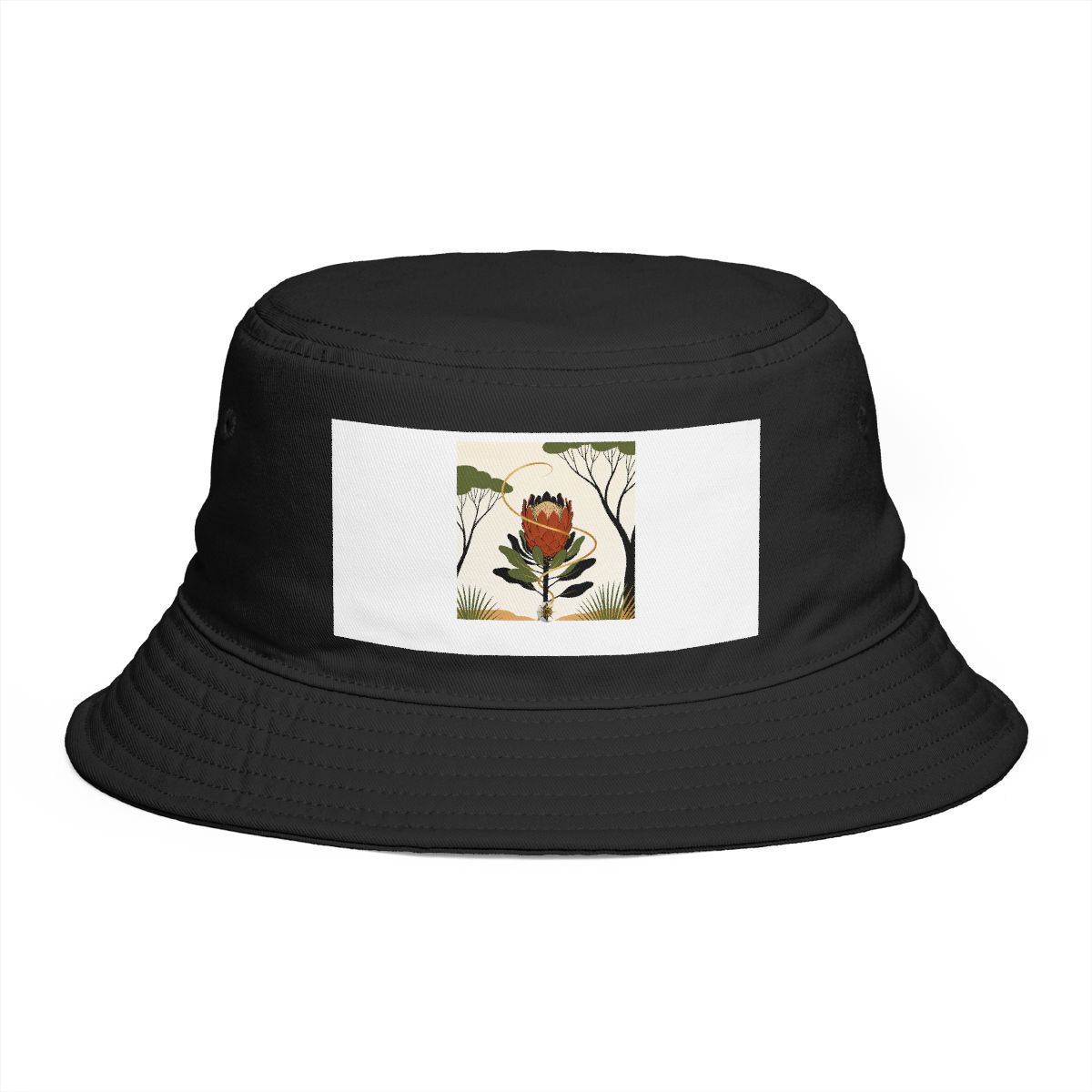 HD Protea flower interwoven with a single looping wind line Bucket Hat