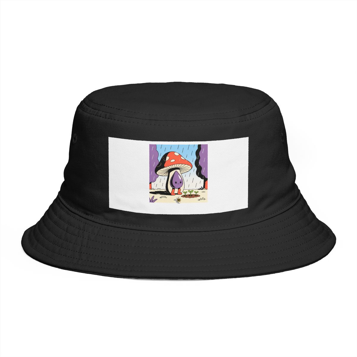 HD Droplet creature with mushroom legs sheltering three little sprouts Bucket Hat