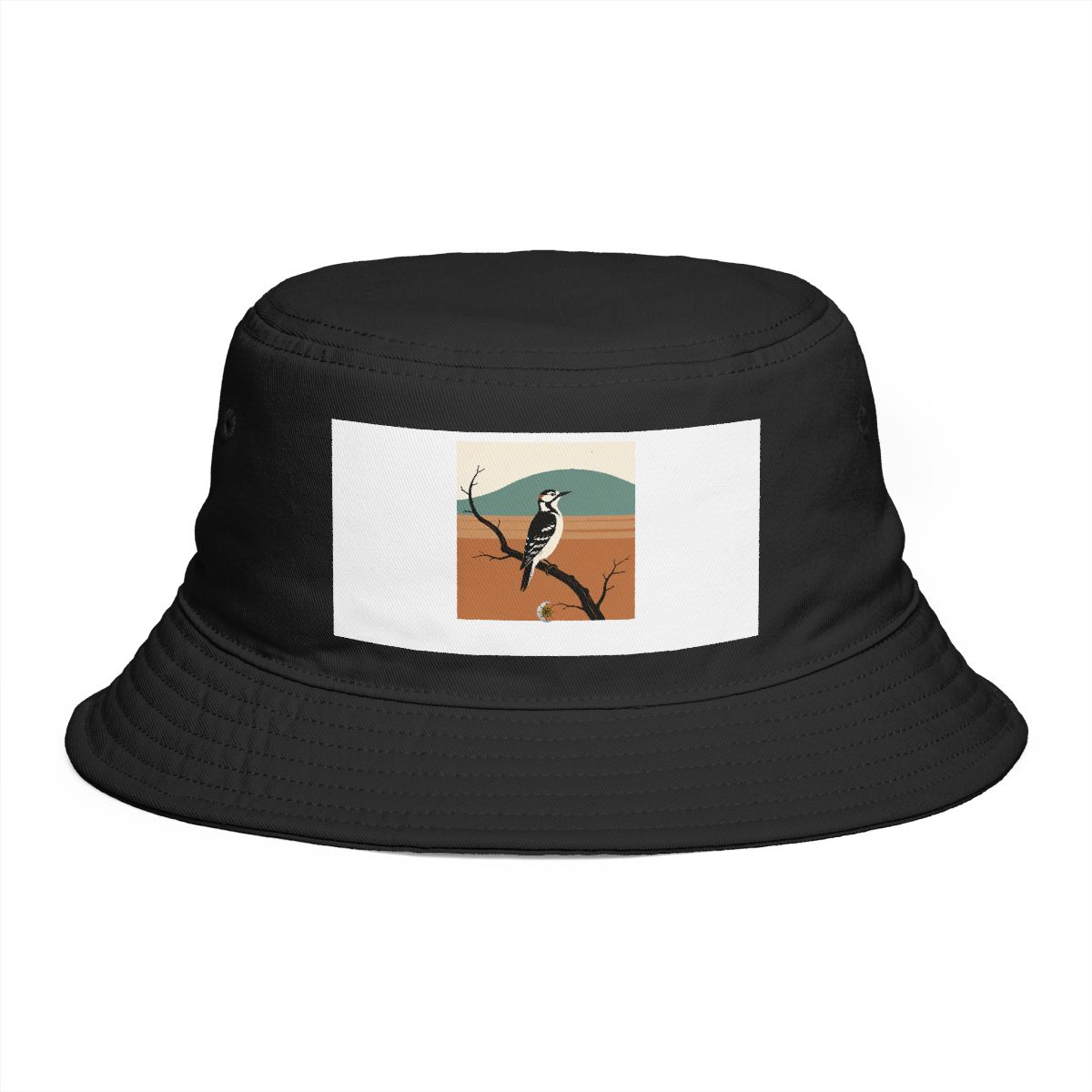 HD Woodpecker balancing on a curved bare branch Bucket Hat