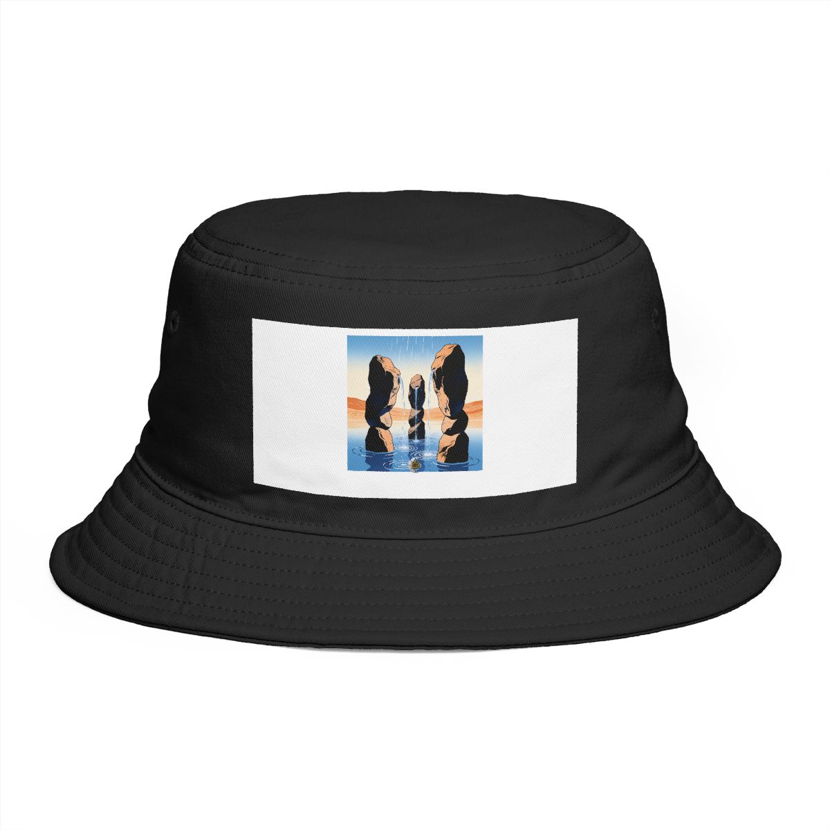 HD Rain rings on water flowing between three sculptural stone masses Bucket Hat