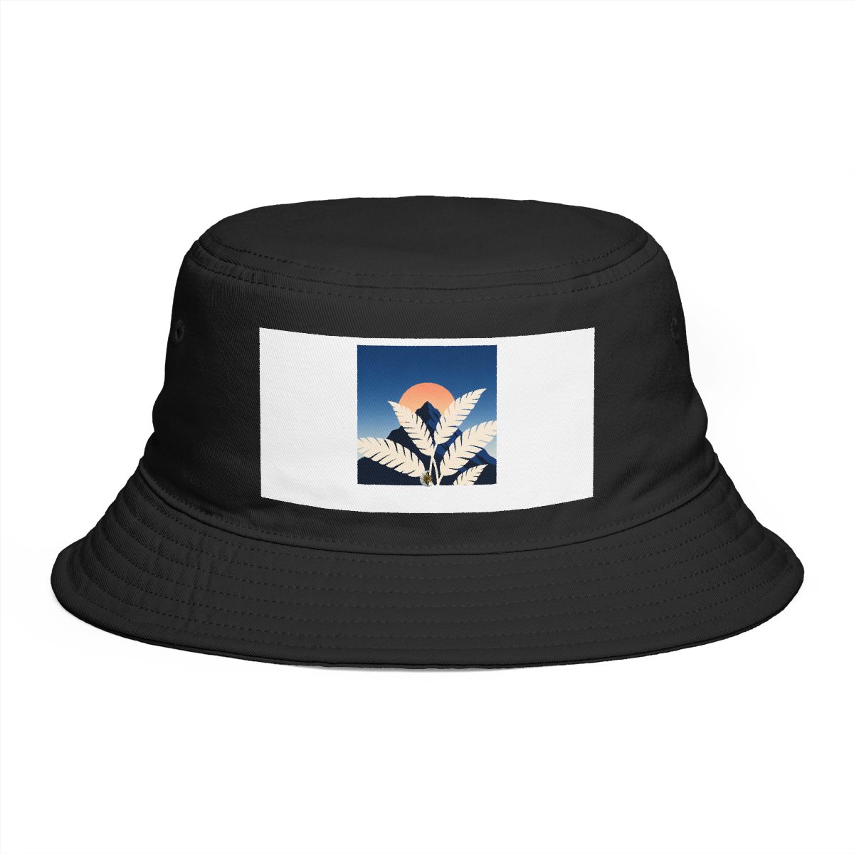 HD Sun behind a mountain interlocking with broad plant silhouettes Bucket Hat