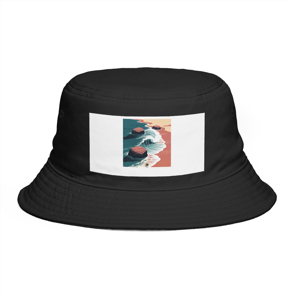 HD Breaking shore wave flowing between three sculptural stone masses Bucket Hat