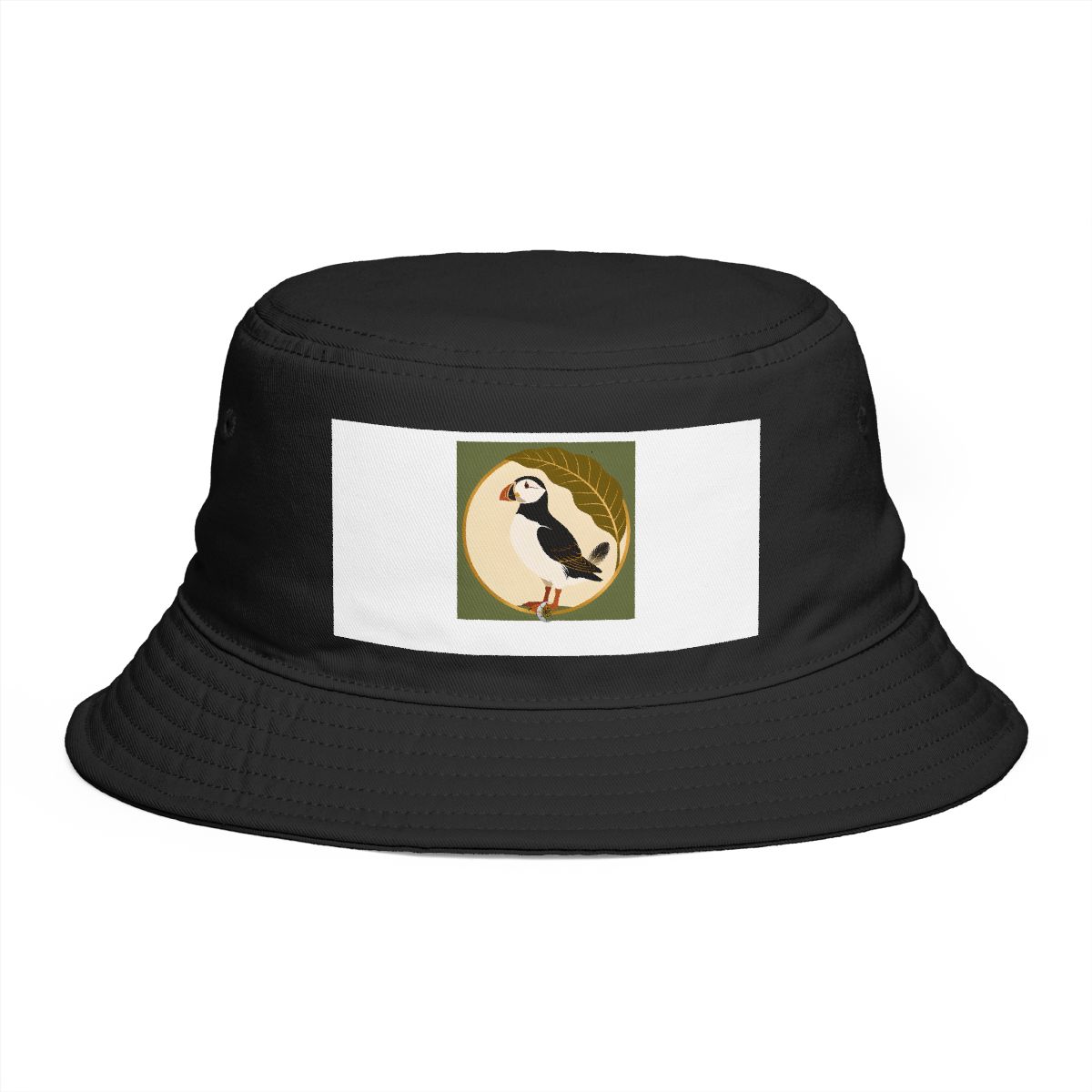 HD Puffin framed by one oversized leaf Bucket Hat