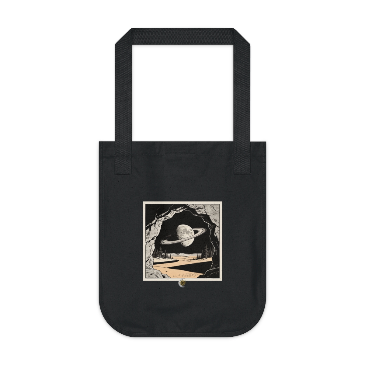HD Cratered ringed moon seen through a jagged foreground rock opening Organic Canvas Tote