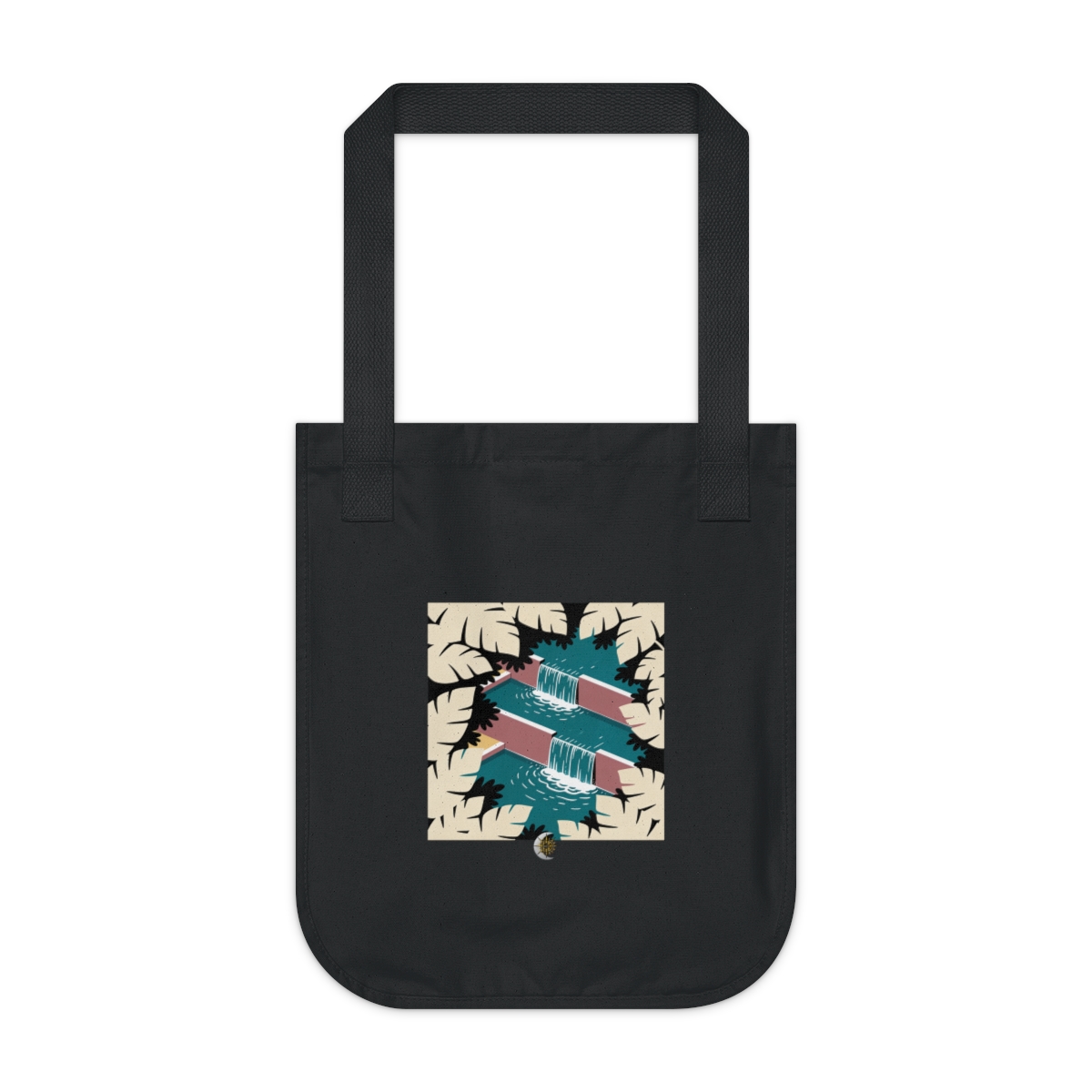 HD Stepped waterfall framed by overlapping leaf silhouettes Organic Canvas Tote