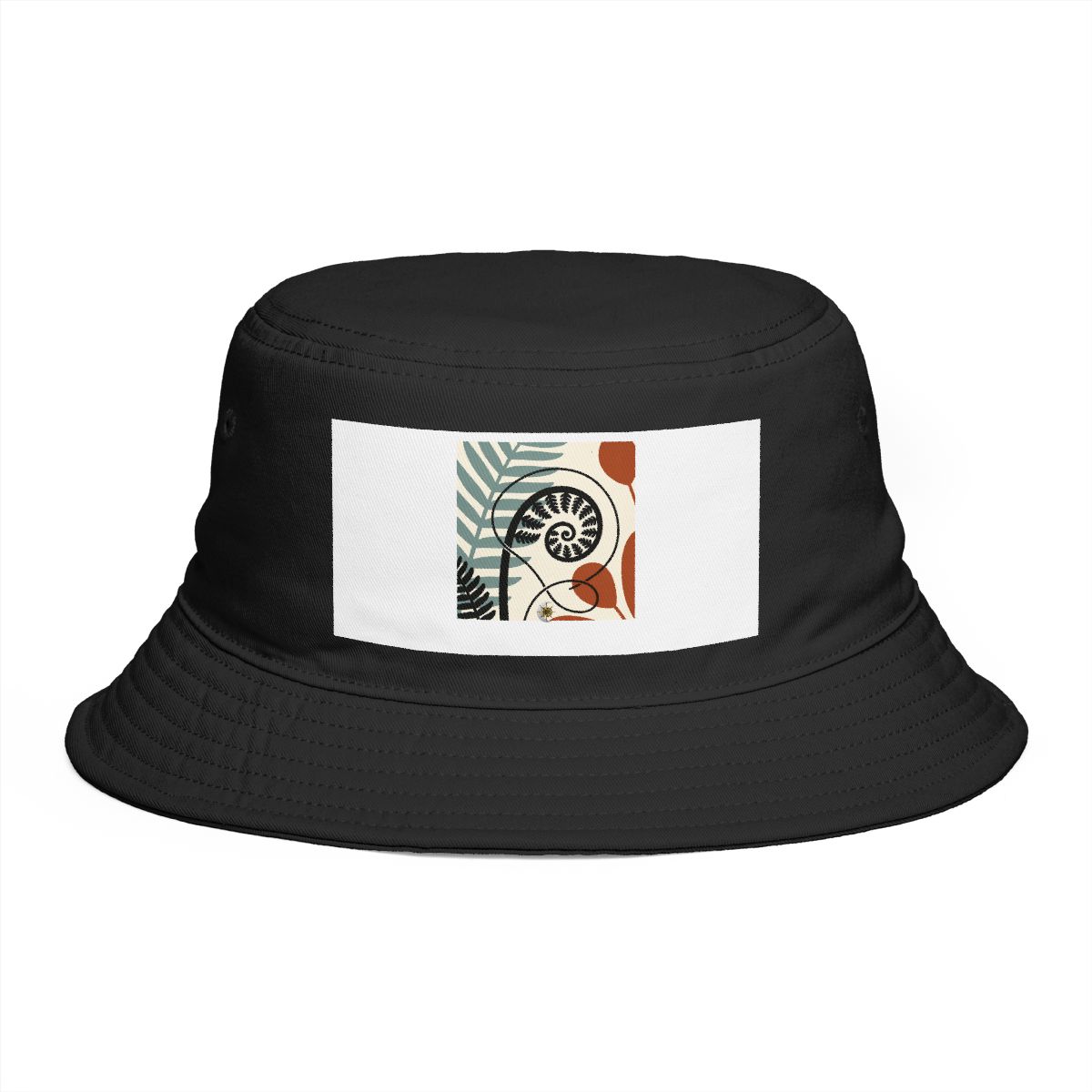HD Unfurling fern interwoven with a single looping wind line Bucket Hat