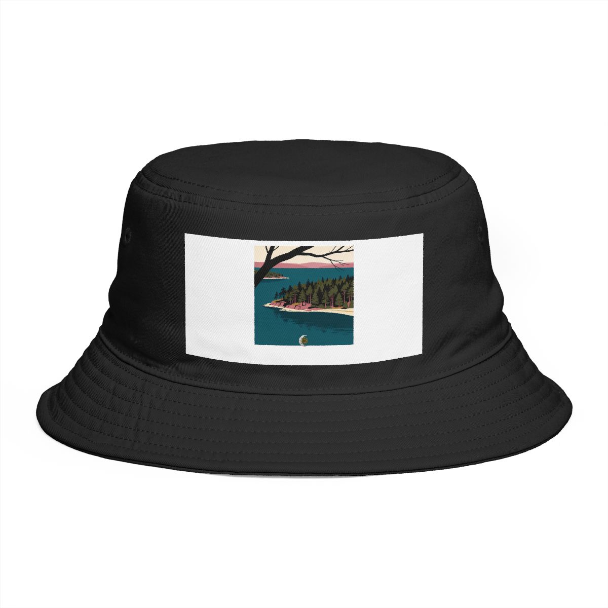 HD Wooded peninsula framed by one foreground branch Bucket Hat