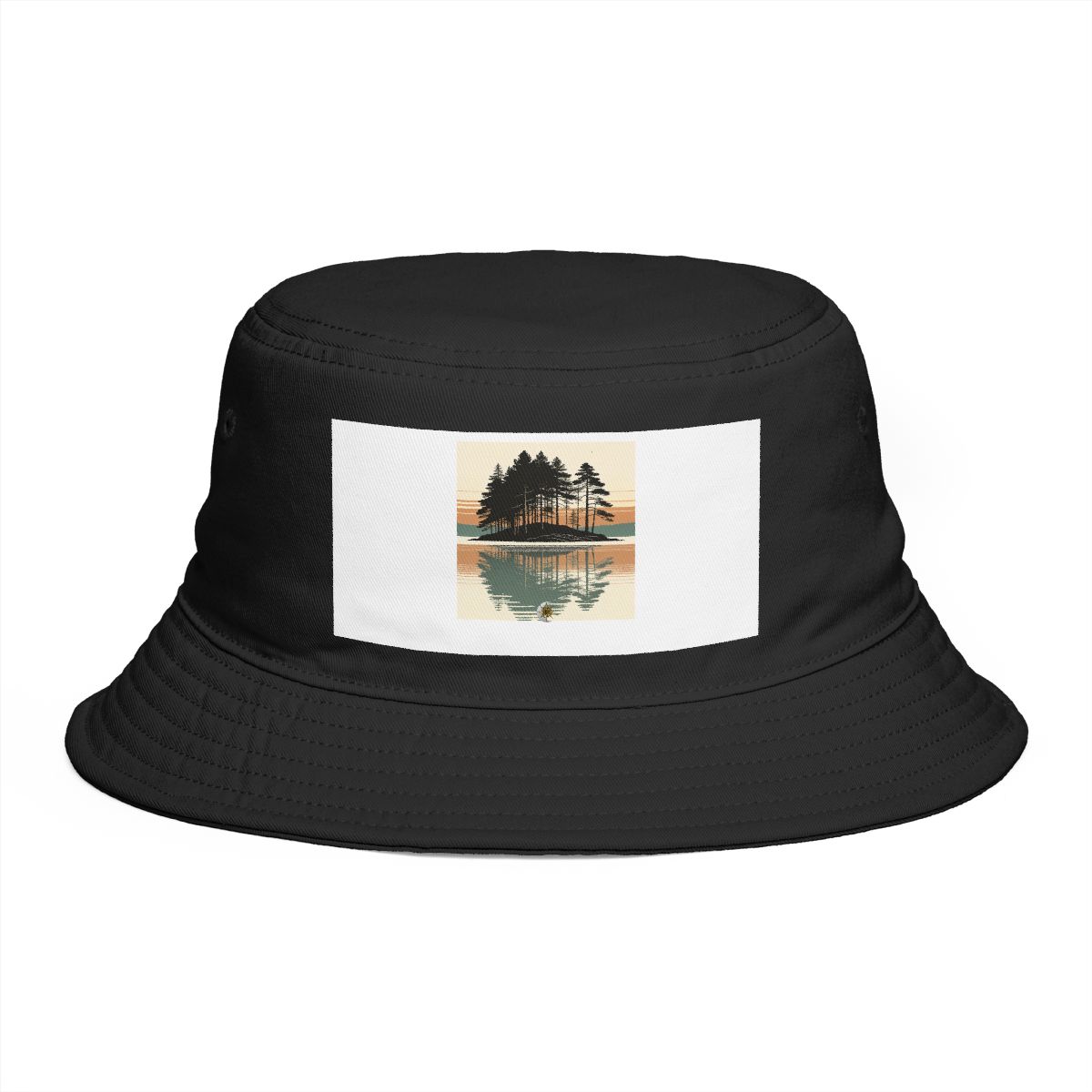 HD Wooded peninsula reflected in a broad band of still water Bucket Hat