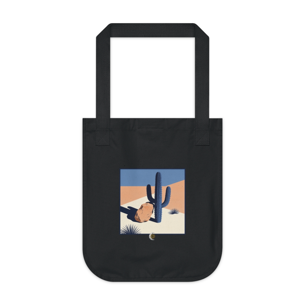 HD Saguaro balanced beside an irregular clay-colored rock Organic Canvas Tote