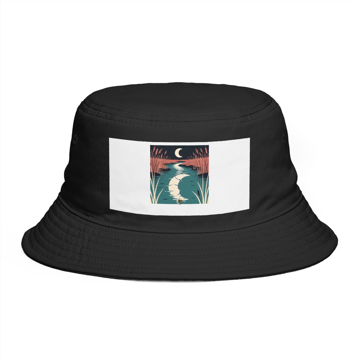 HD Reed-lined creek reflecting a broken arc of moonlight Bucket Hat