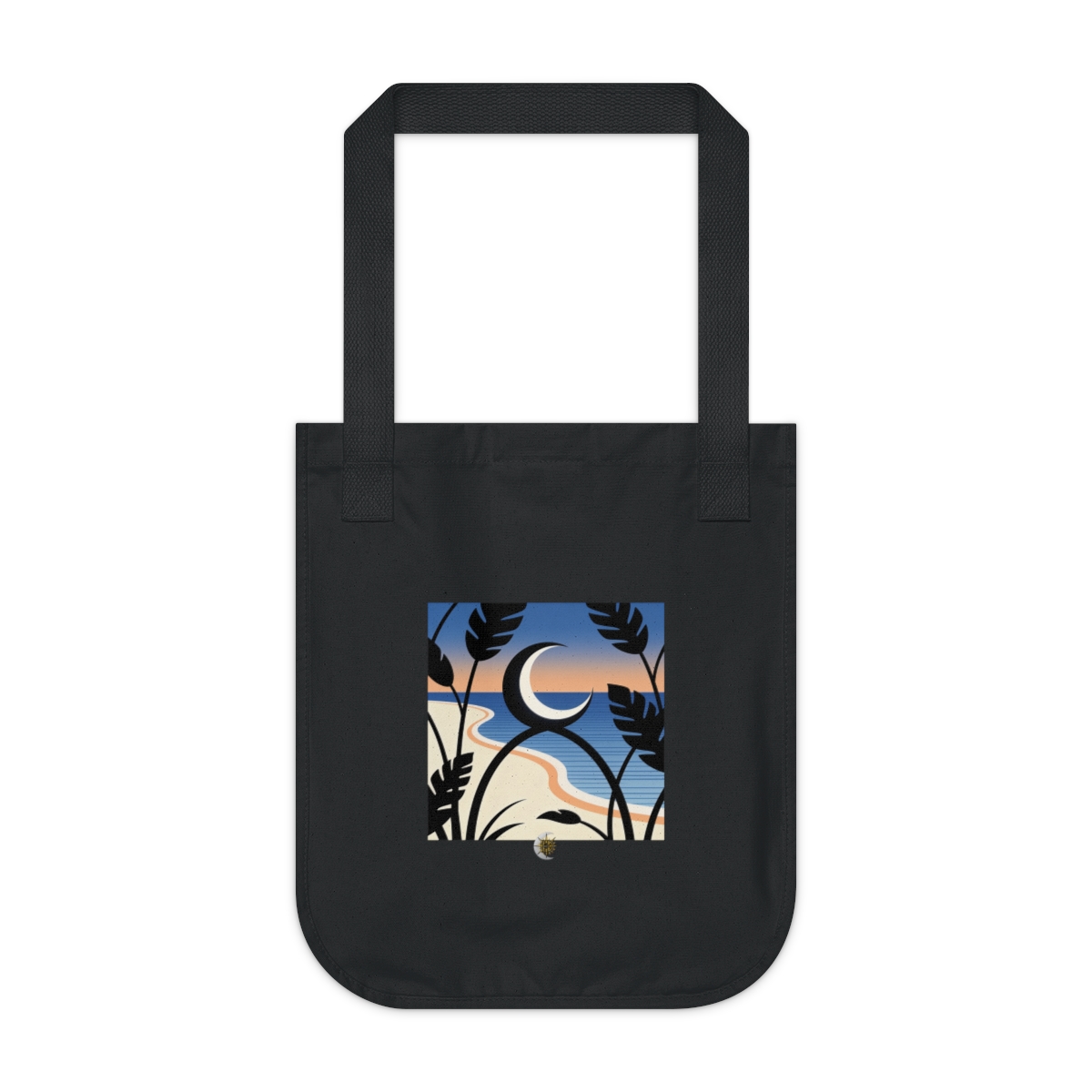 HD Crescent over a curved sea interlocking with broad plant silhouettes Organic Canvas Tote