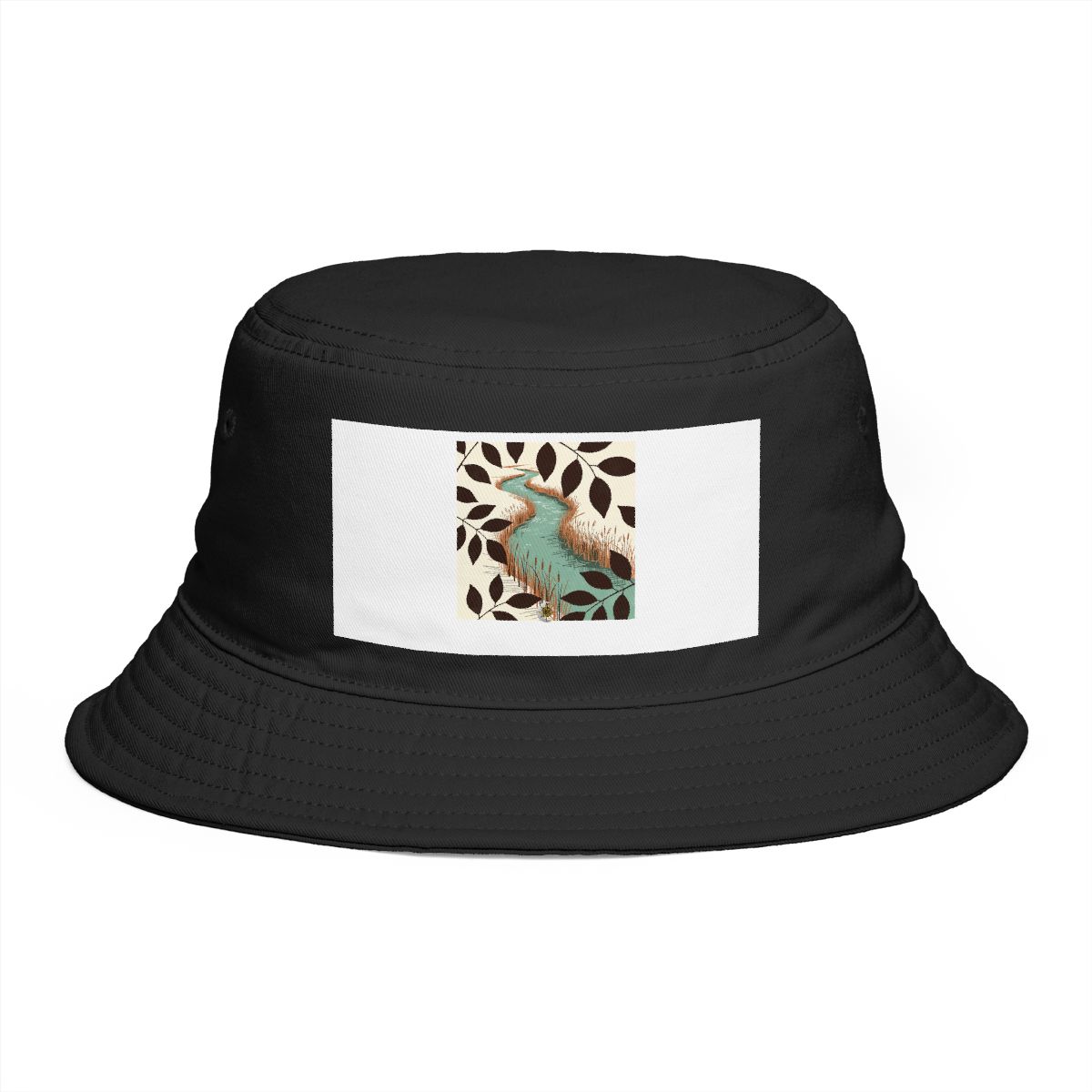 HD Reed-lined creek framed by overlapping leaf silhouettes Bucket Hat