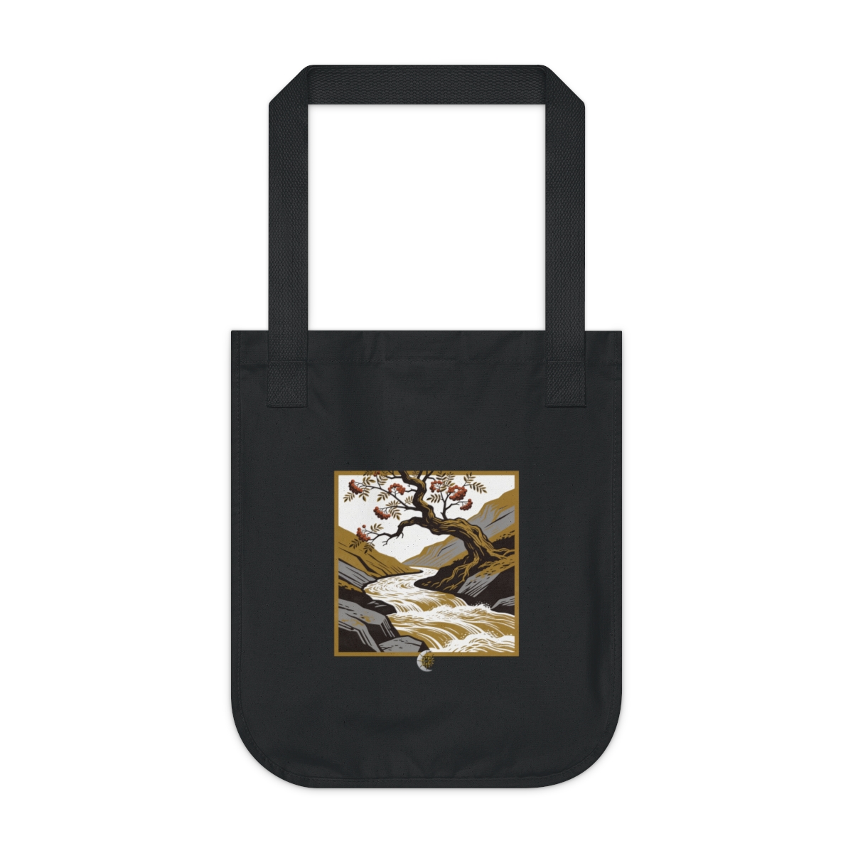 HD Gnarled mountain ash leaning above a swift river bend Organic Canvas Tote