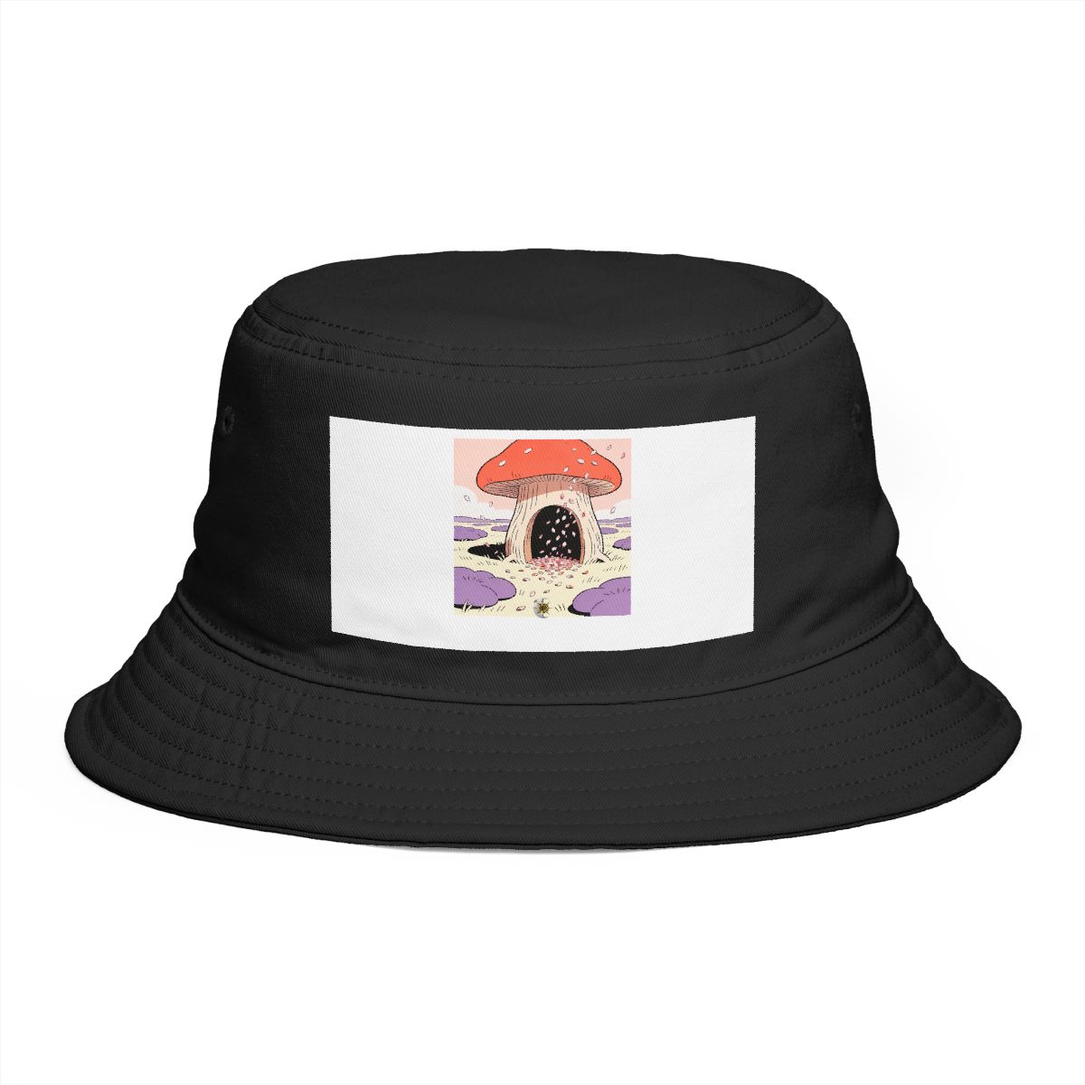 HD Mushroom-shaped tree hollow receiving a shower of falling petals Bucket Hat