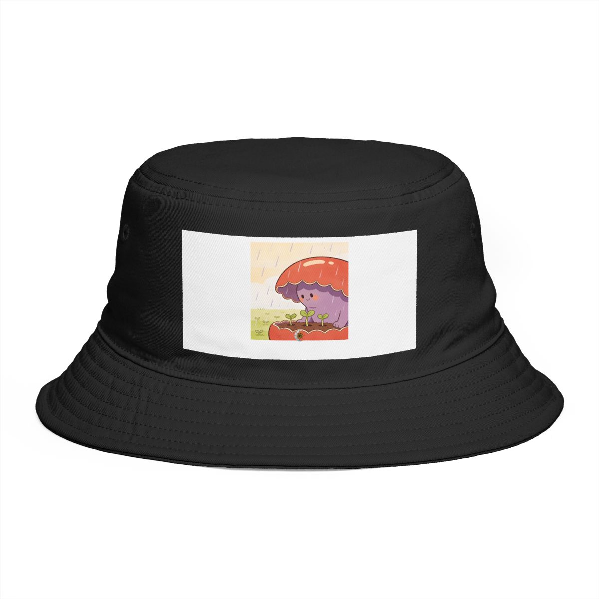 HD Bean creature with a scalloped back sheltering three little sprouts Bucket Hat