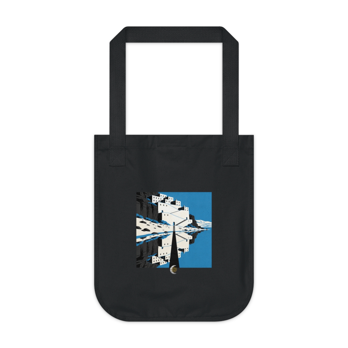 HD Terraced cliff dwelling reflected across a narrow dark channel Organic Canvas Tote