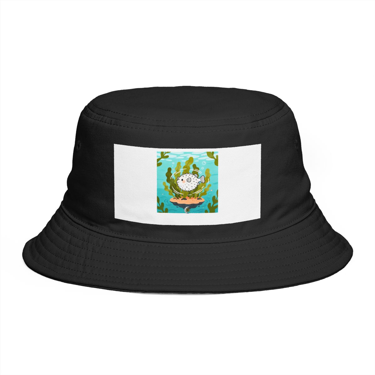 HD Round pufferfish circling a floating kelp island Bucket Hat