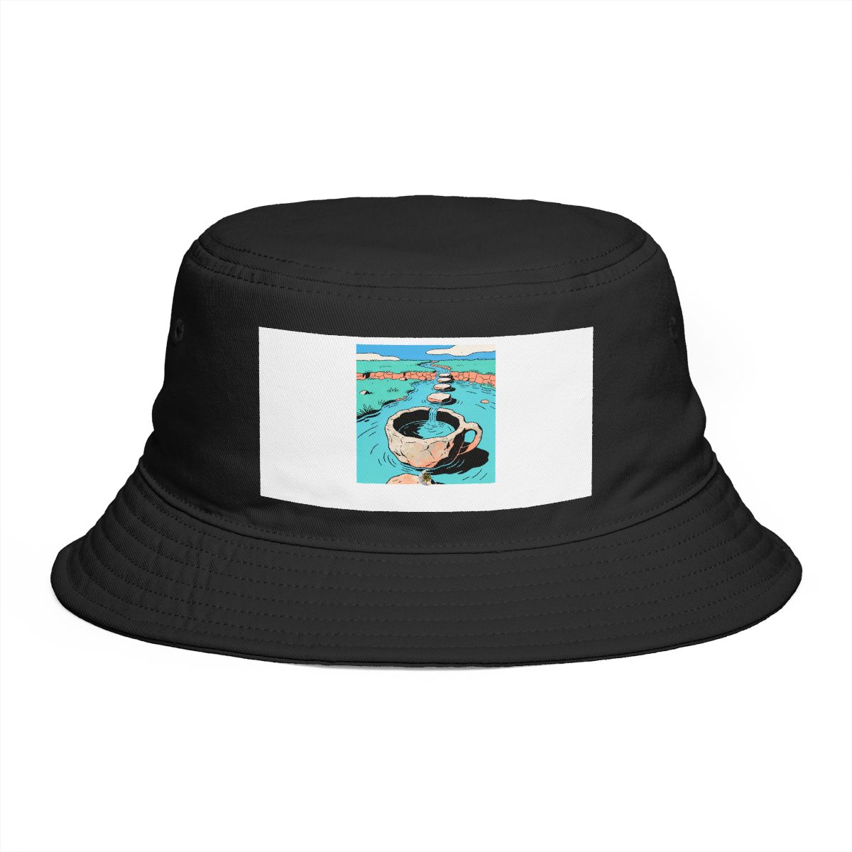 HD Cup-shaped rock basin connected to a distant bank by stepping stones Bucket Hat