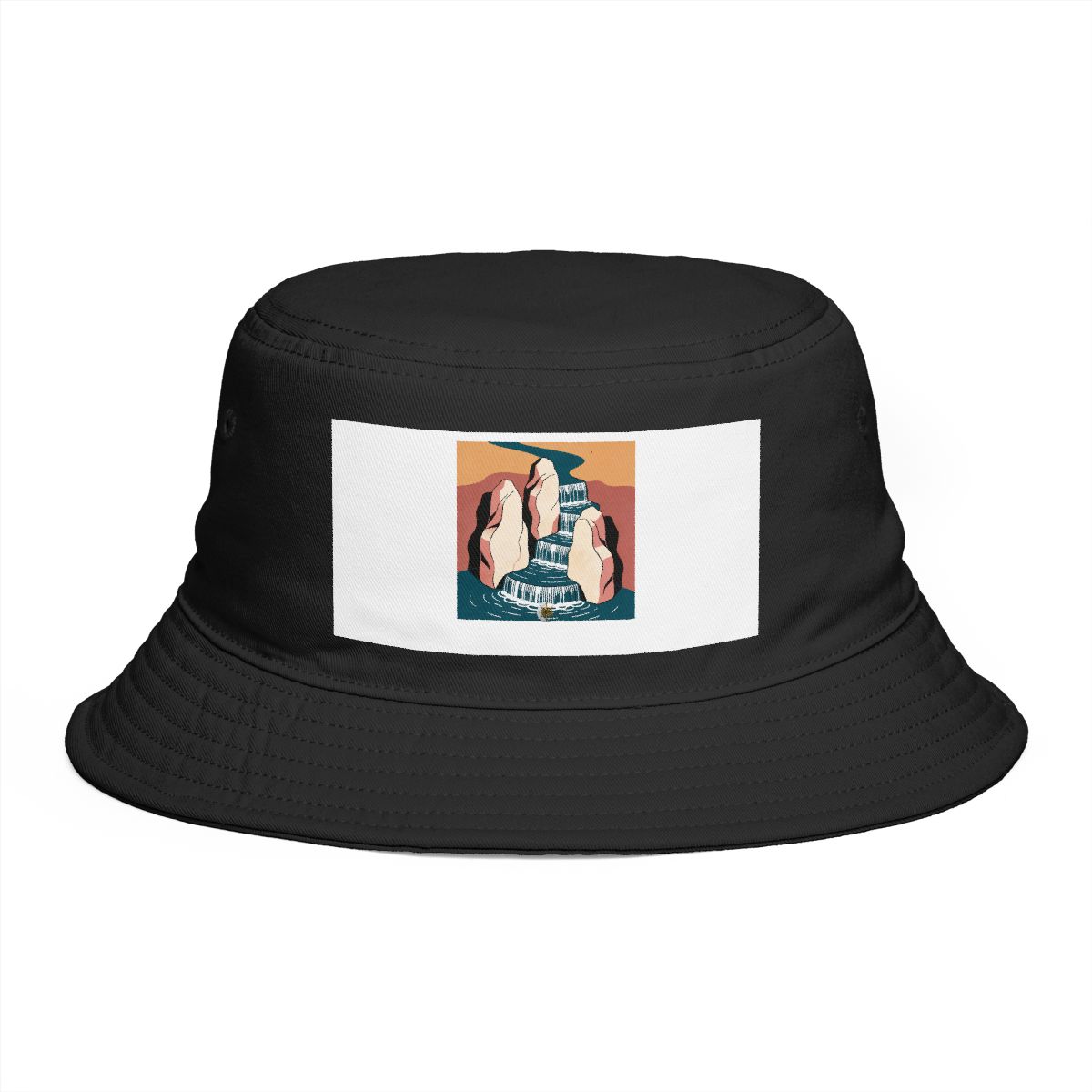 HD Stepped waterfall flowing between three sculptural stone masses Bucket Hat