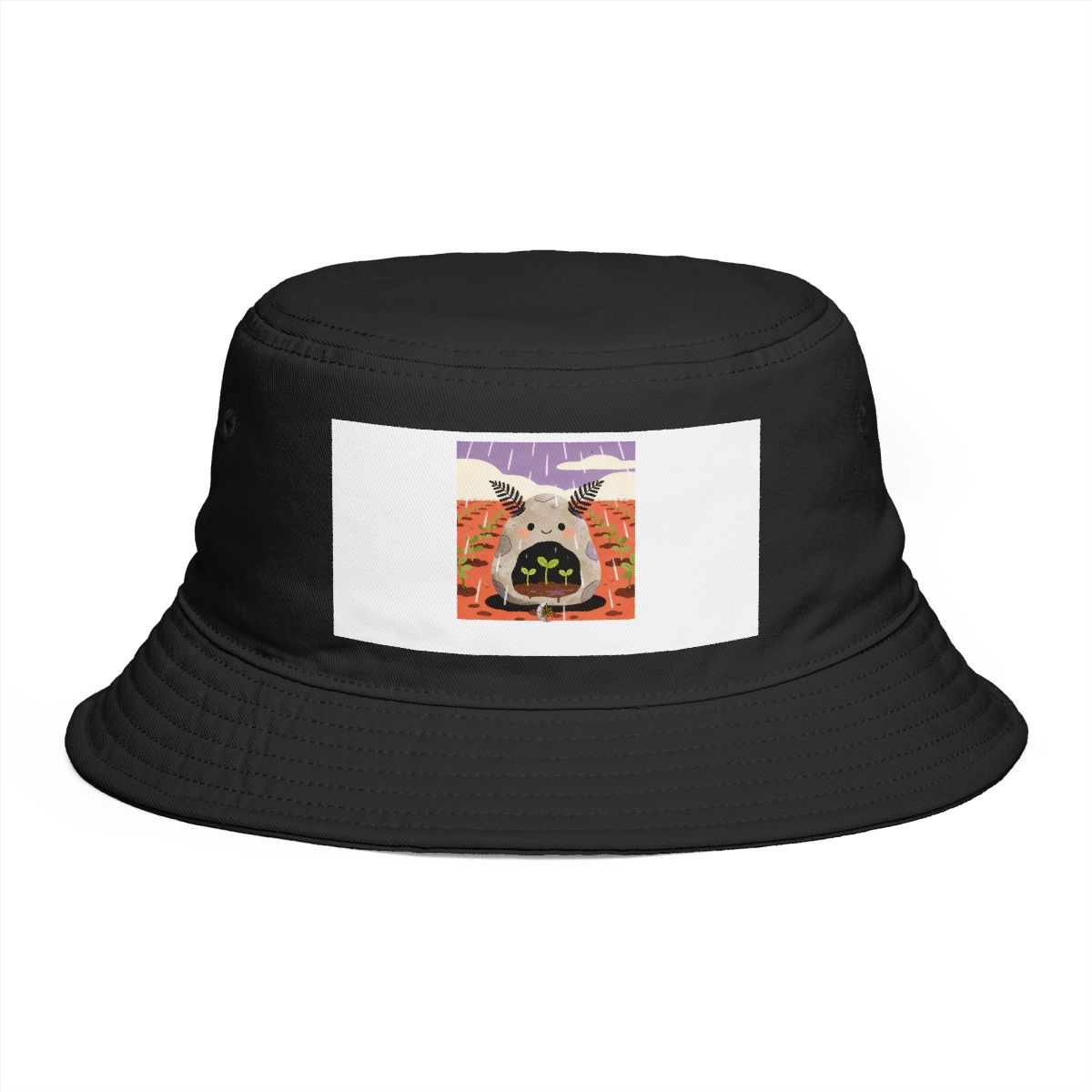 HD Pebble creature with fern ears sheltering three little sprouts Bucket Hat